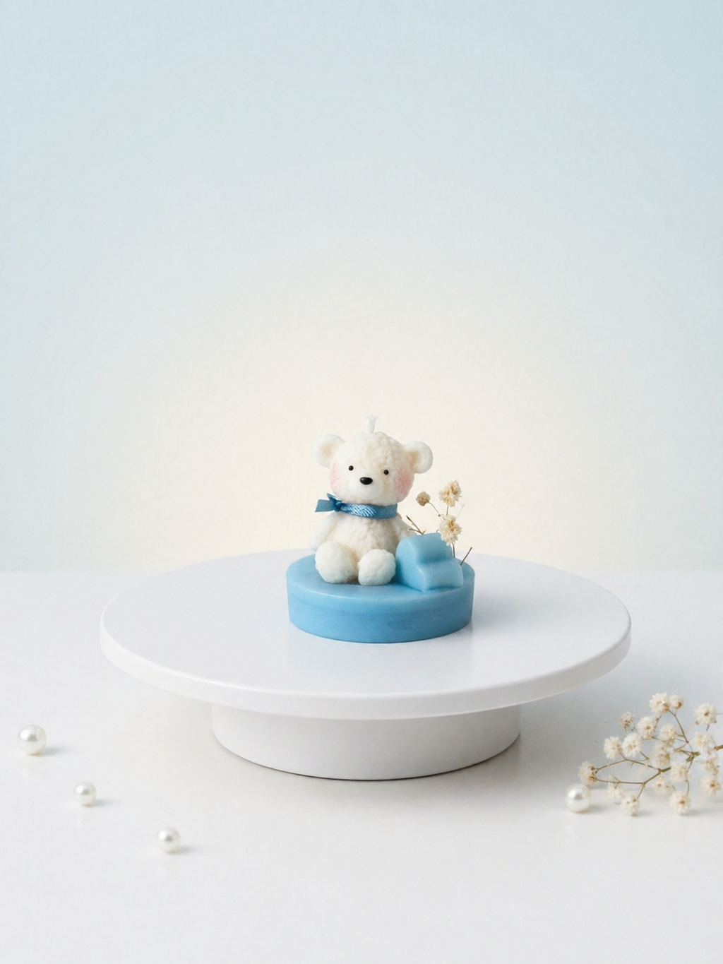 eddy Bear Candle Baby Shower Favor – Handmade Gift with Dried Flowers