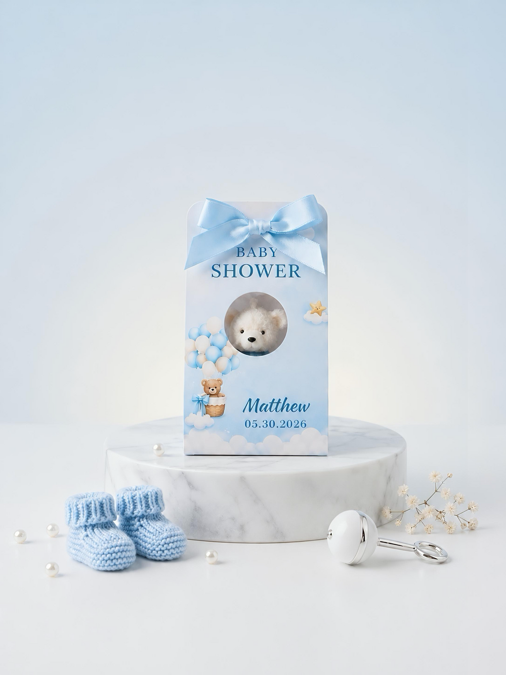eddy Bear Candle Baby Shower Favor – Handmade Gift with Dried Flowers