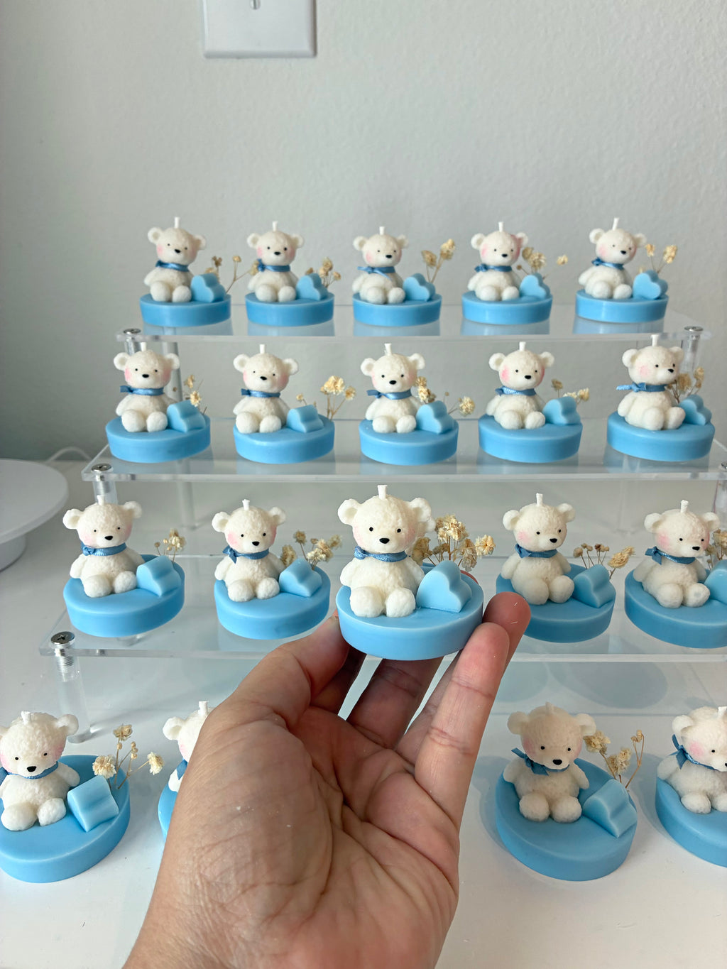 eddy Bear Candle Baby Shower Favor – Handmade Gift with Dried Flowers
