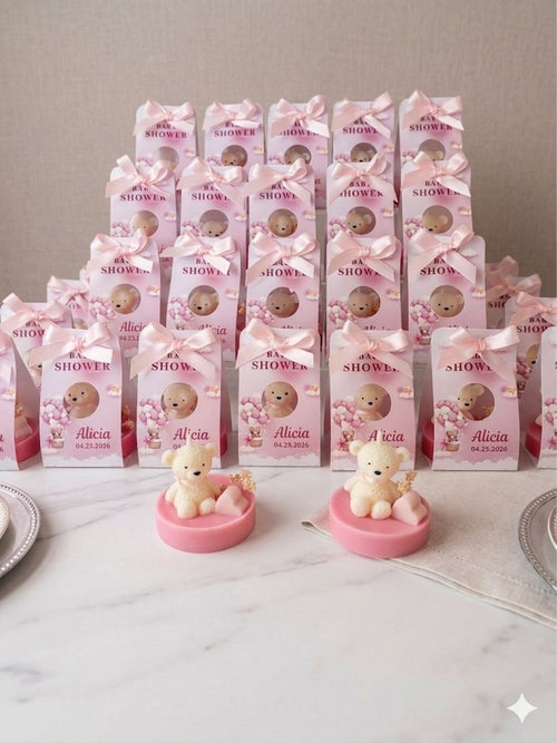 eddy Bear Candle Baby Shower Favor – Handmade Gift with Dried Flowers