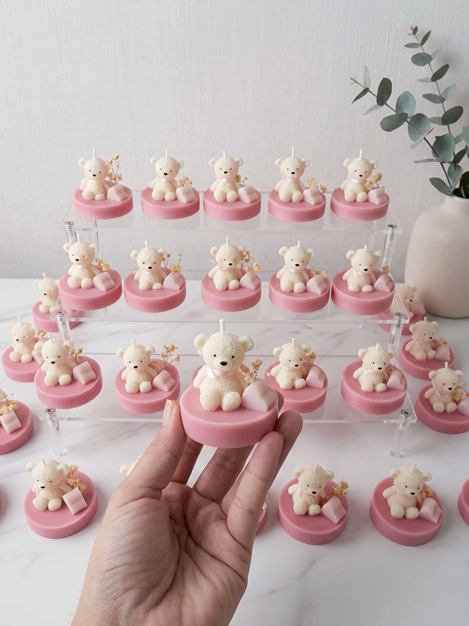 eddy Bear Candle Baby Shower Favor – Handmade Gift with Dried Flowers