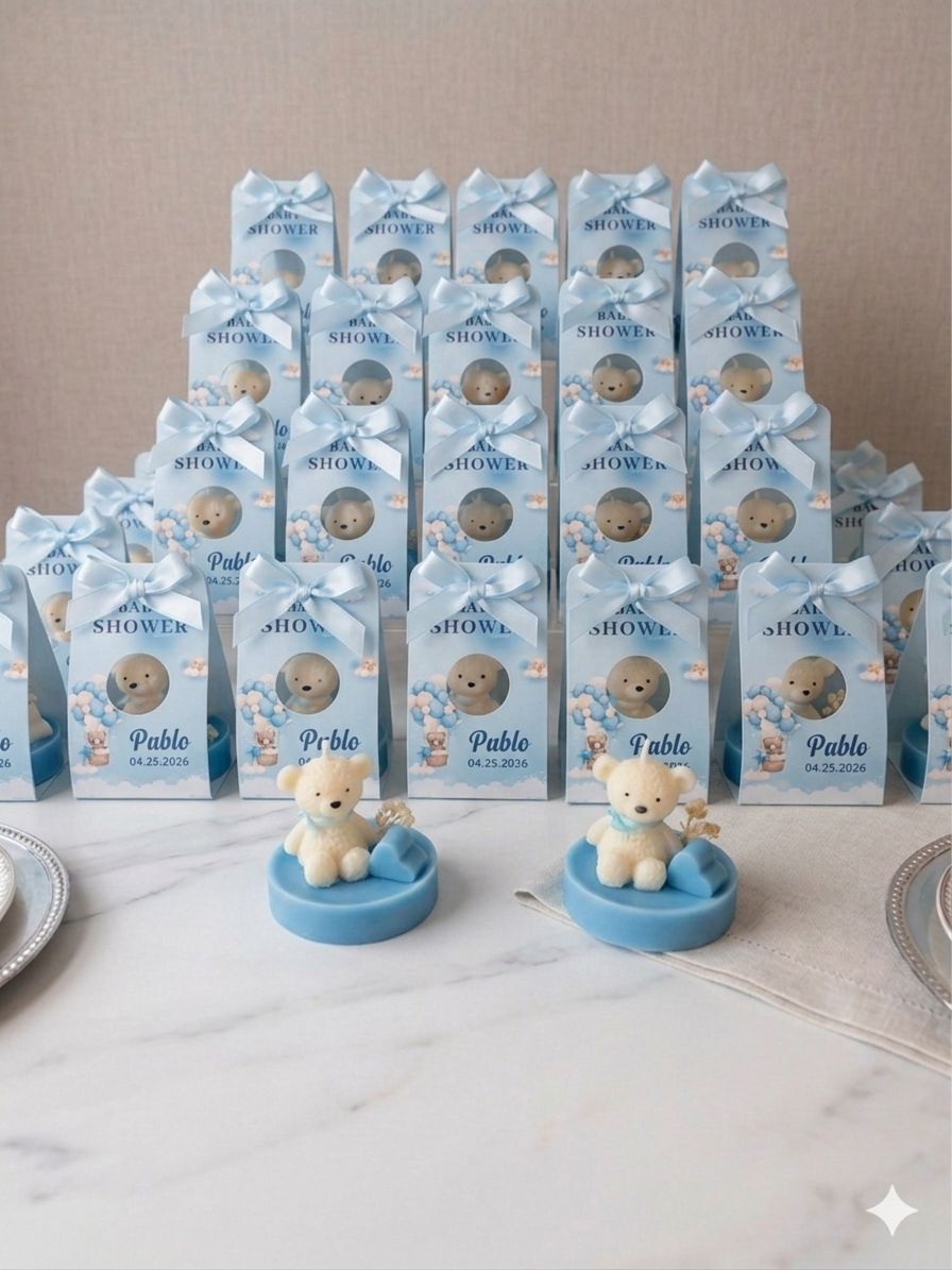 eddy Bear Candle Baby Shower Favor – Handmade Gift with Dried Flowers