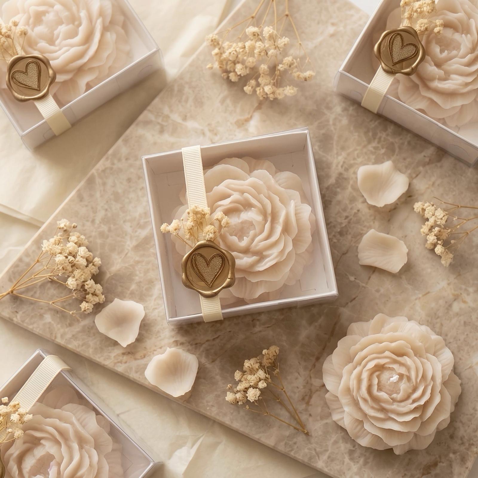 Handmade Peony Candle in White Box – Clear Lid with Gold Sticker & Dried Flowers
